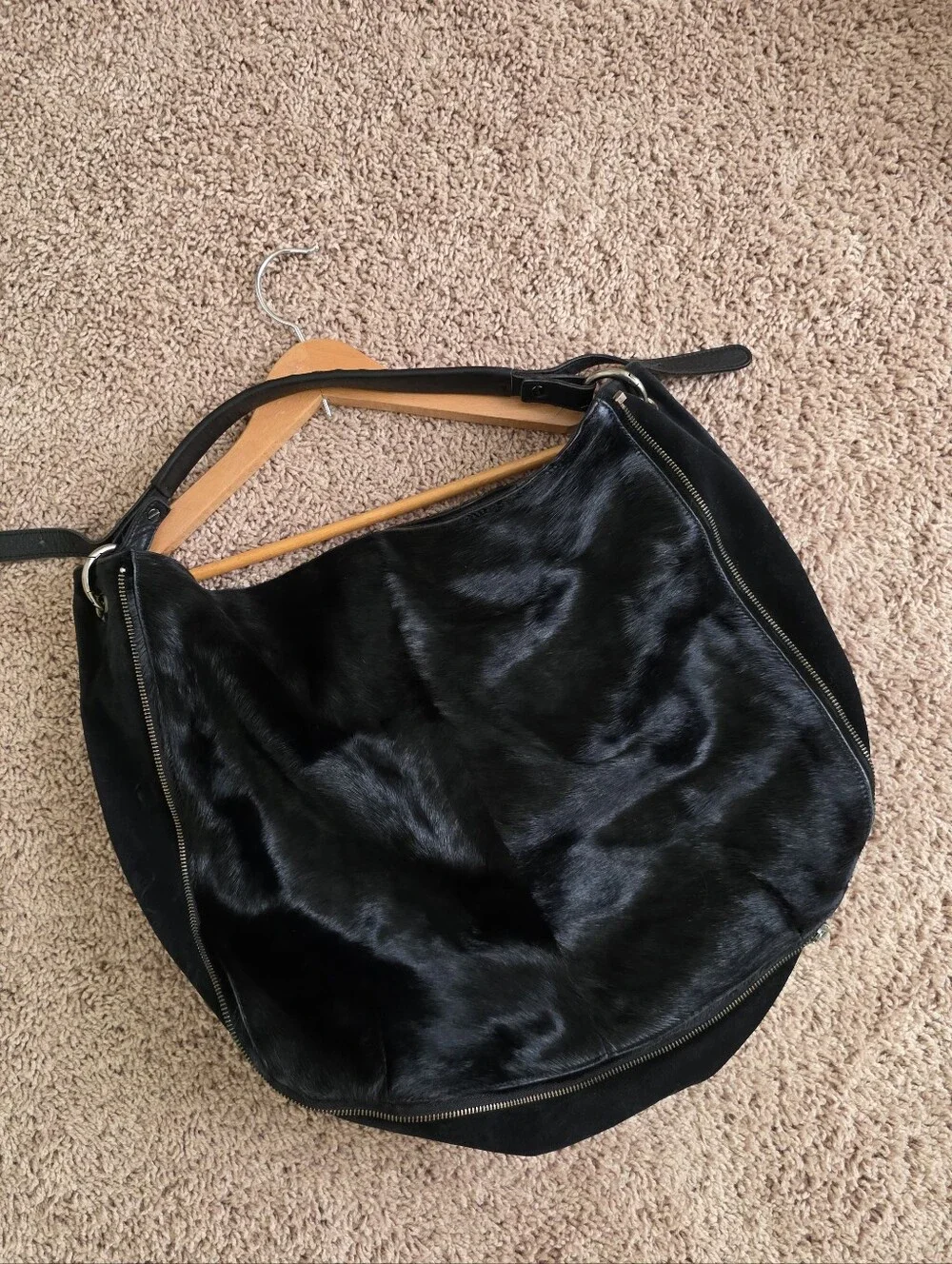 Tylie Malibu Genuine Calf Hair Suede Large Hobo Bag Black Designer Boho Grunge